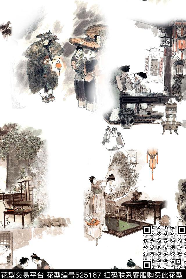 古典人物绘画休闲衬衫休闲风数码印花华亿平台下载（图片编号: 525167） - 瓦栏（Walan）