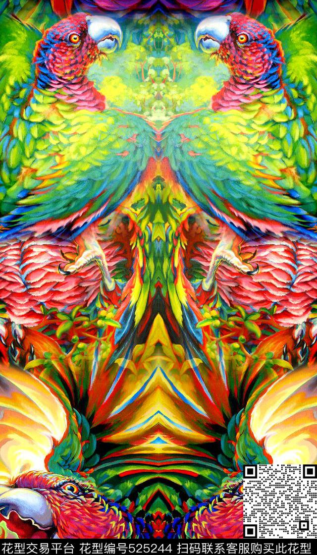 抽象手绘鹦鹉数码印花华亿平台下载（图片编号: 525244） - 瓦栏（Walan）