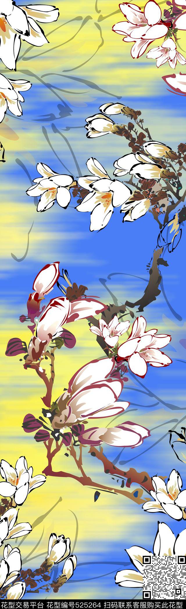 手绘水彩玉兰数码印花华亿平台下载（图片编号: 525264） - 瓦栏（Walan）
