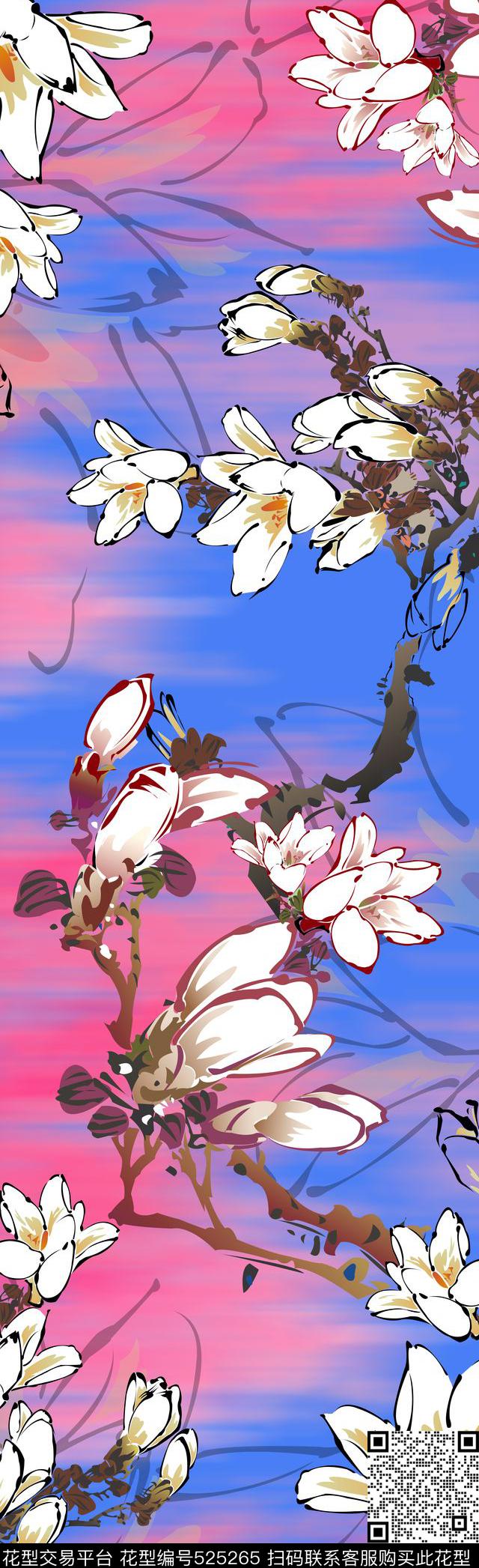手绘水彩玉兰数码印花华亿平台下载（图片编号: 525265） - 瓦栏（Walan）