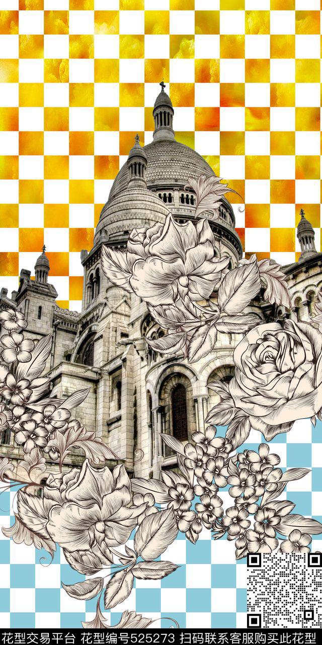 欧式风格建筑花卉格子数码印花华亿平台下载（图片编号: 525273） - 瓦栏（Walan）