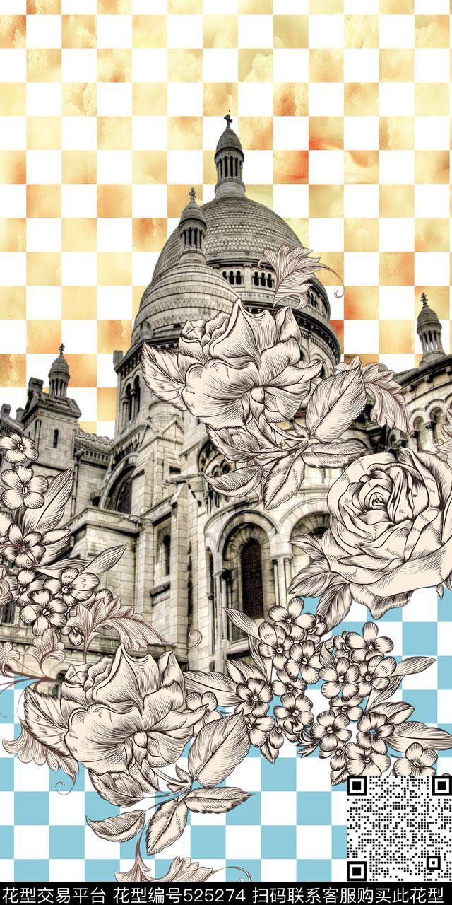 欧式风格建筑花卉格子数码印花华亿平台下载（图片编号: 525274） - 瓦栏（Walan）