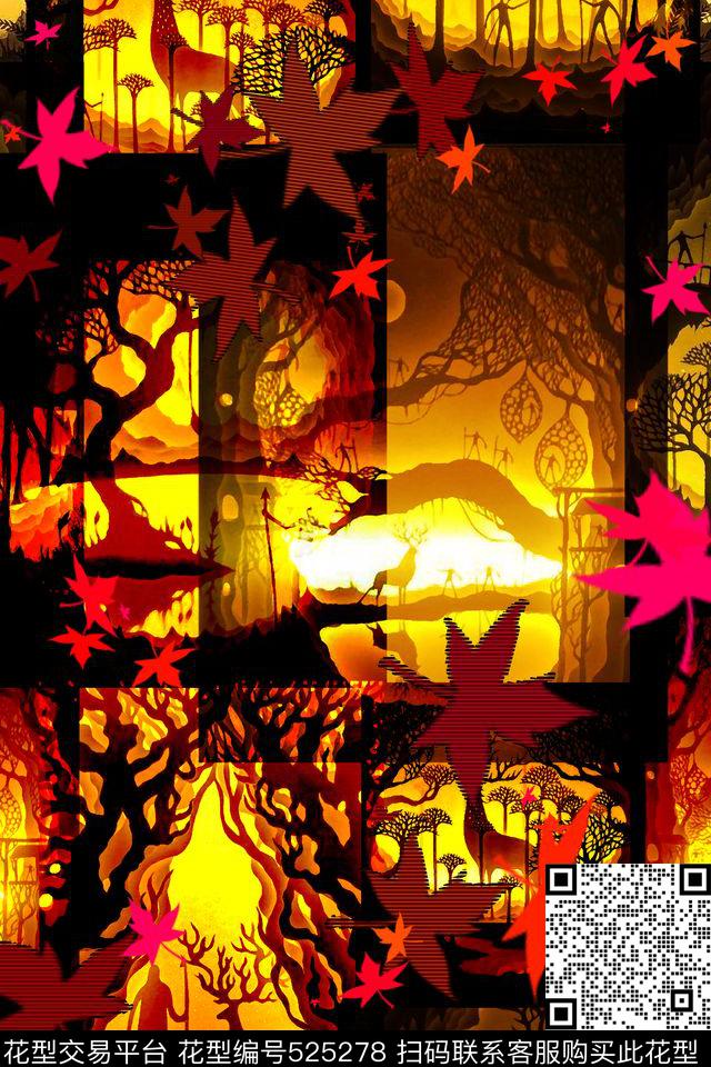 动物枫叶梅花鹿数码印花华亿平台下载（图片编号: 525278） - 瓦栏（Walan）