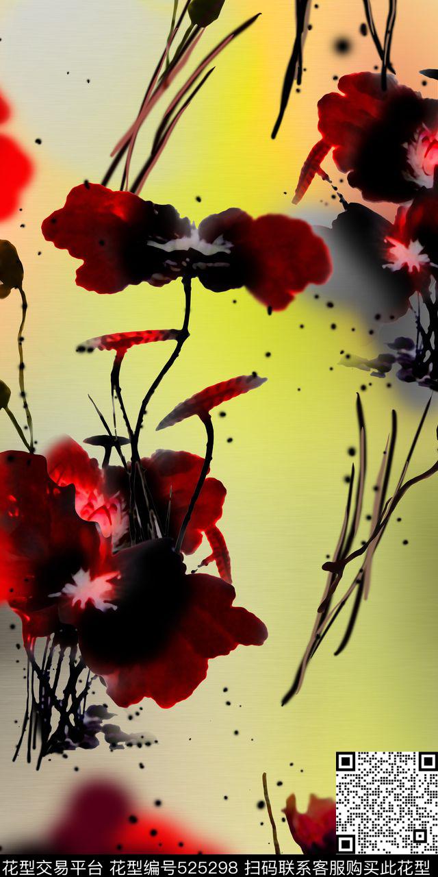 荷花水墨中国风数码印花华亿平台下载（图片编号: 525298） - 瓦栏（Walan）
