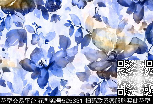 手绘水彩花卉肌理数码印花数码印花华亿平台下载（图片编号: 525331） - 瓦栏（Walan）