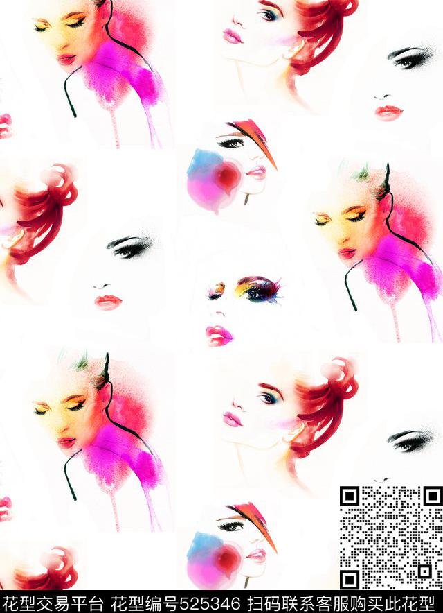 水墨水彩女人头像彩妆时尚嘴唇服装眼睛华亿平台设计数码印花华亿平台下载（图片编号: 525346） - 瓦栏（Walan）