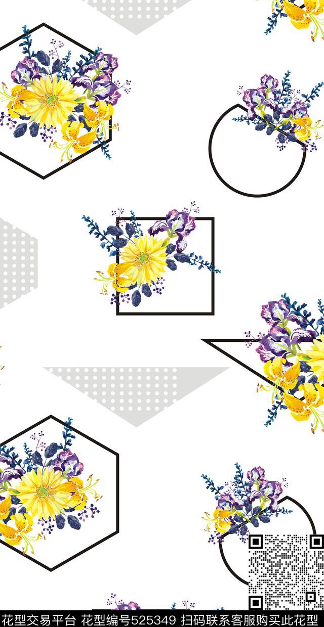 几何形状花卉手绘数码印花华亿平台下载（图片编号: 525349） - 瓦栏（Walan）