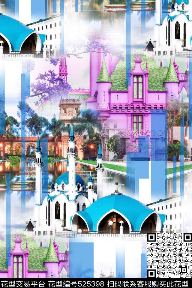 欧式建筑条子拼接数码印花华亿平台下载（图片编号: 525398） - 瓦栏（Walan）