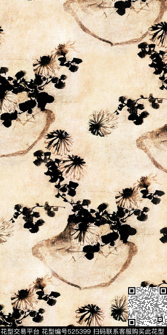 中国风花瓶菊花传统印花华亿平台下载（图片编号: 525399） - 瓦栏（Walan）