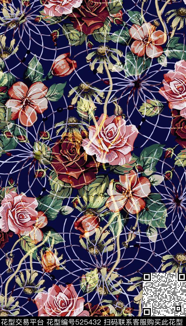 复古玫瑰雏菊数码印花华亿平台下载（图片编号: 525432） - 瓦栏（Walan）