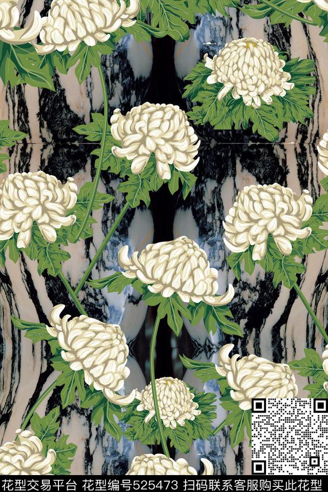 休闲石纹手绘菊花数码印花华亿平台下载（图片编号: 525473） - 瓦栏（Walan）