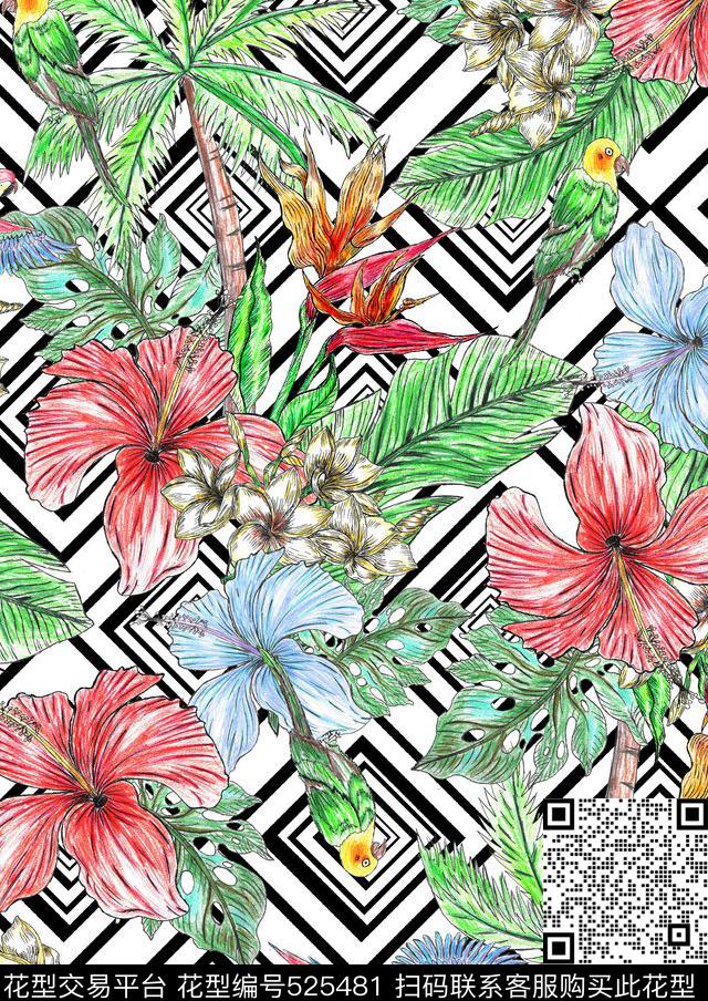 热带叶子热带植物原创手绘数码印花华亿平台下载（图片编号: 525481） - 瓦栏（Walan）