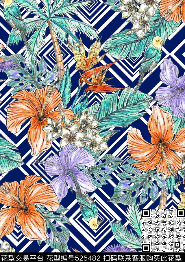 热带叶子热带植物原创手绘数码印花华亿平台下载（图片编号: 525482） - 瓦栏（Walan）