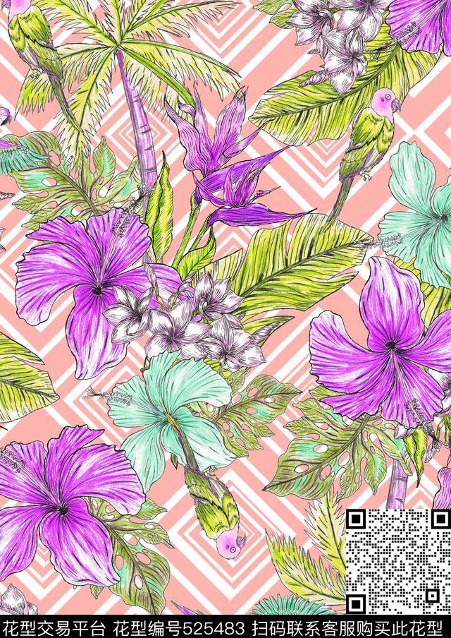 热带叶子热带植物原创手绘数码印花华亿平台下载（图片编号: 525483） - 瓦栏（Walan）