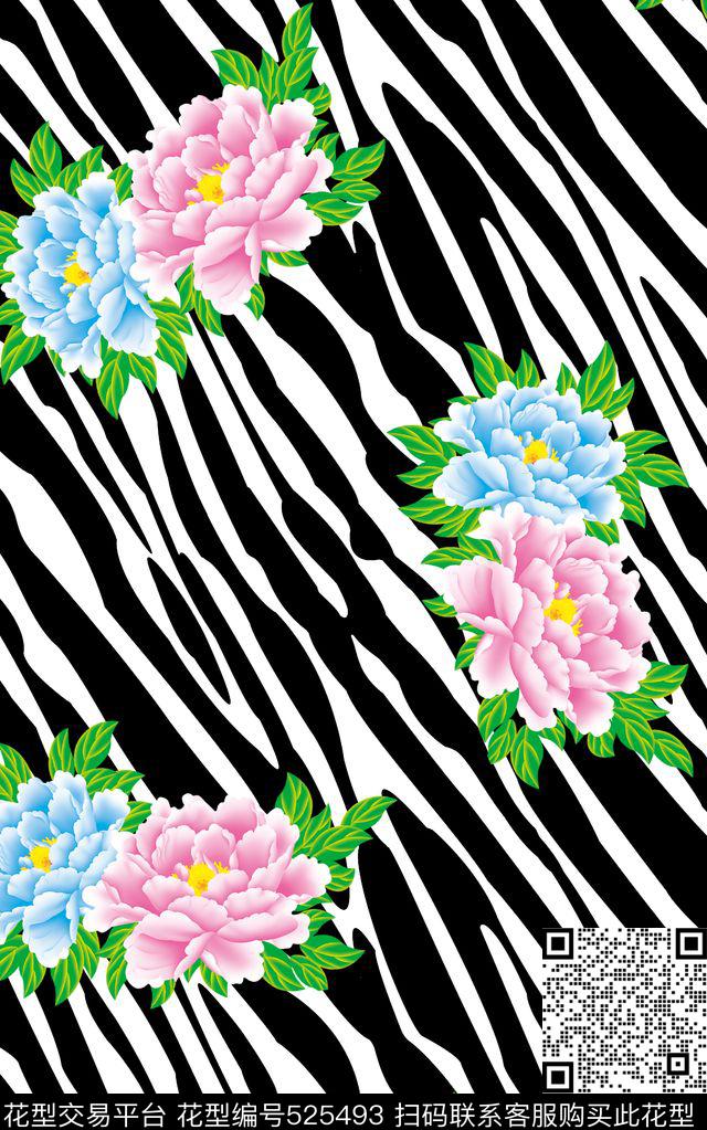 最新时尚潮流斑马纹花卉组合印花服装家纺围巾连衣裙斑马纹花卉组合花卉传统印花华亿平台下载（图片编号: 525493） - 瓦栏（Walan）