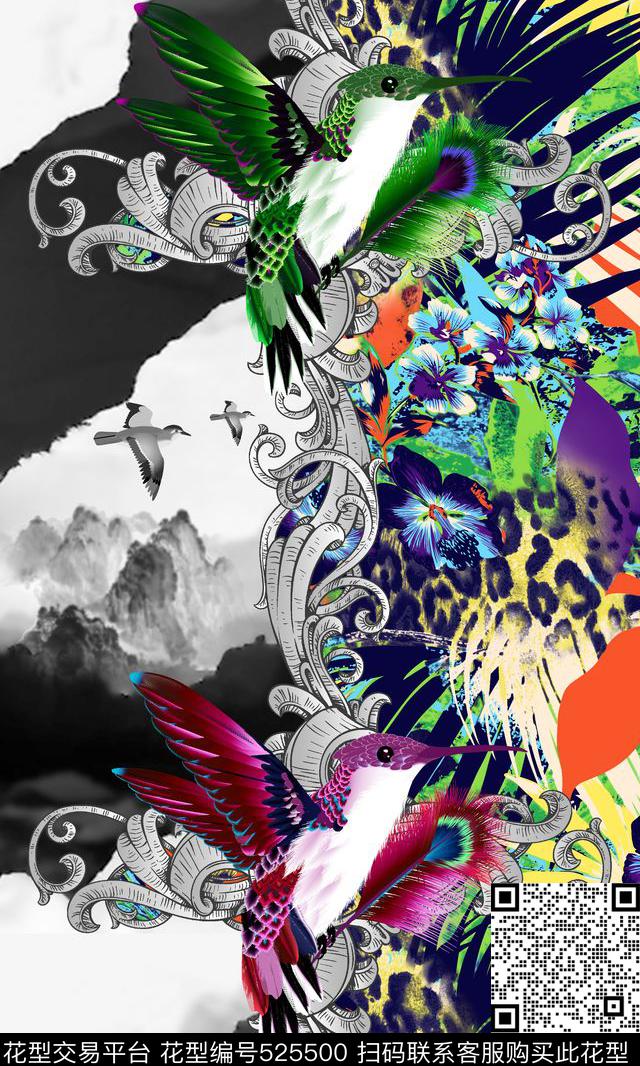 抽象花卉草木彩色鸟数码印花华亿平台下载（图片编号: 525500） - 瓦栏（Walan）