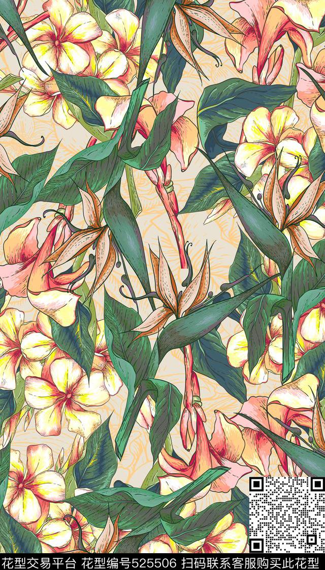 复古热带花卉鸡蛋花数码印花华亿平台下载（图片编号: 525506） - 瓦栏（Walan）