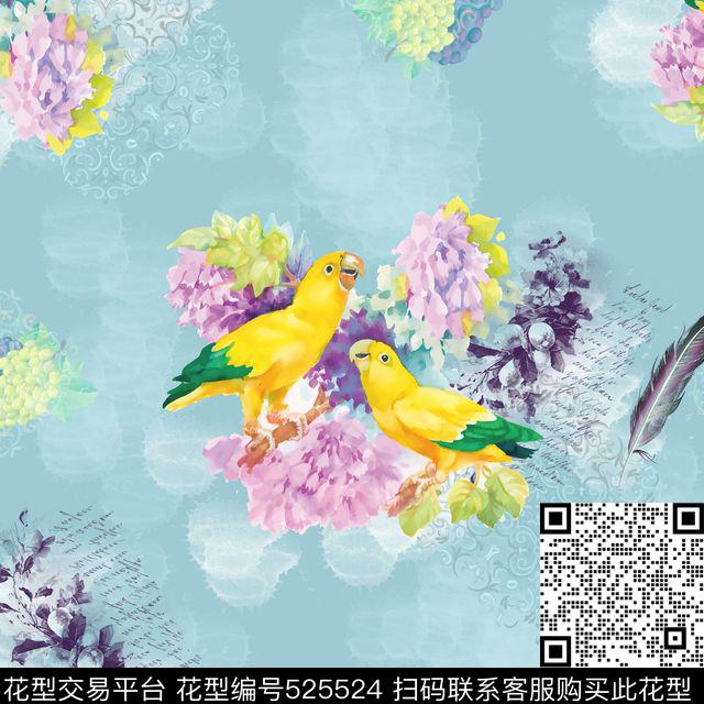 原创手绘鹦鹉花卉数码印花华亿平台下载（图片编号: 525524） - 瓦栏（Walan）