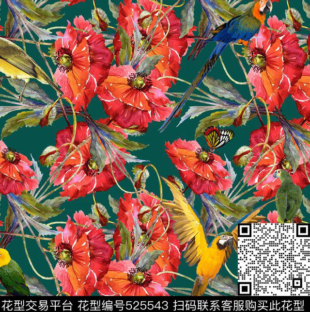 时尚流行手绘水彩花卉鹦鹉数码印花华亿平台下载（图片编号: 525543） - 瓦栏（Walan）