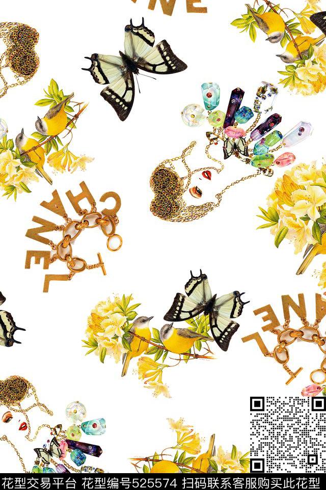 时装人物装饰链条蝴蝶数码印花华亿平台下载（图片编号: 525574） - 瓦栏（Walan）