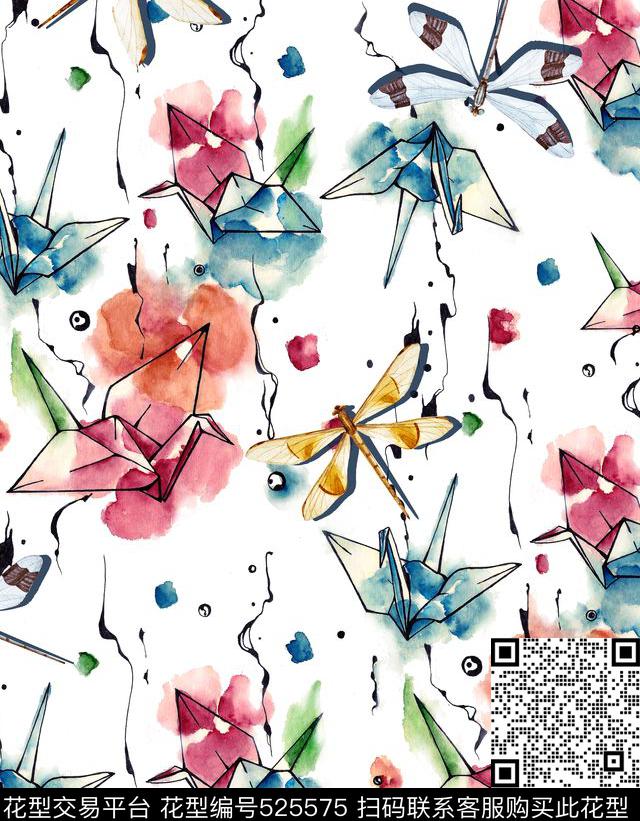 蜻蜓纸鹤数码印花华亿平台下载（图片编号: 525575） - 瓦栏（Walan）