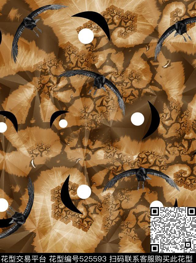 抽象笔刷复古黑鸟数码印花华亿平台下载（图片编号: 525593） - 瓦栏（Walan）