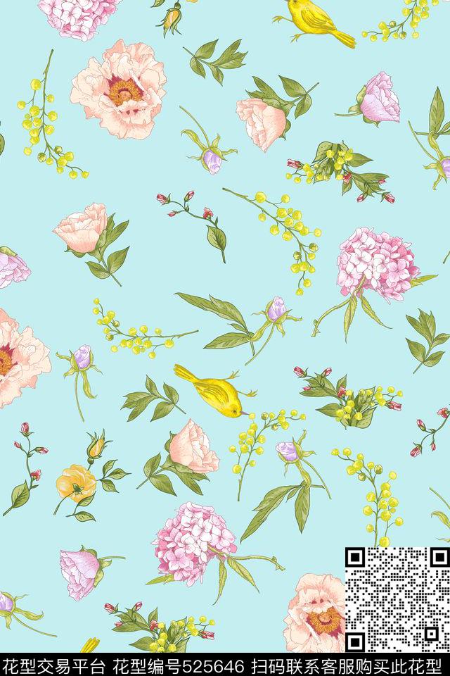 优雅花鸟麻雀数码印花华亿平台下载（图片编号: 525646） - 瓦栏（Walan）