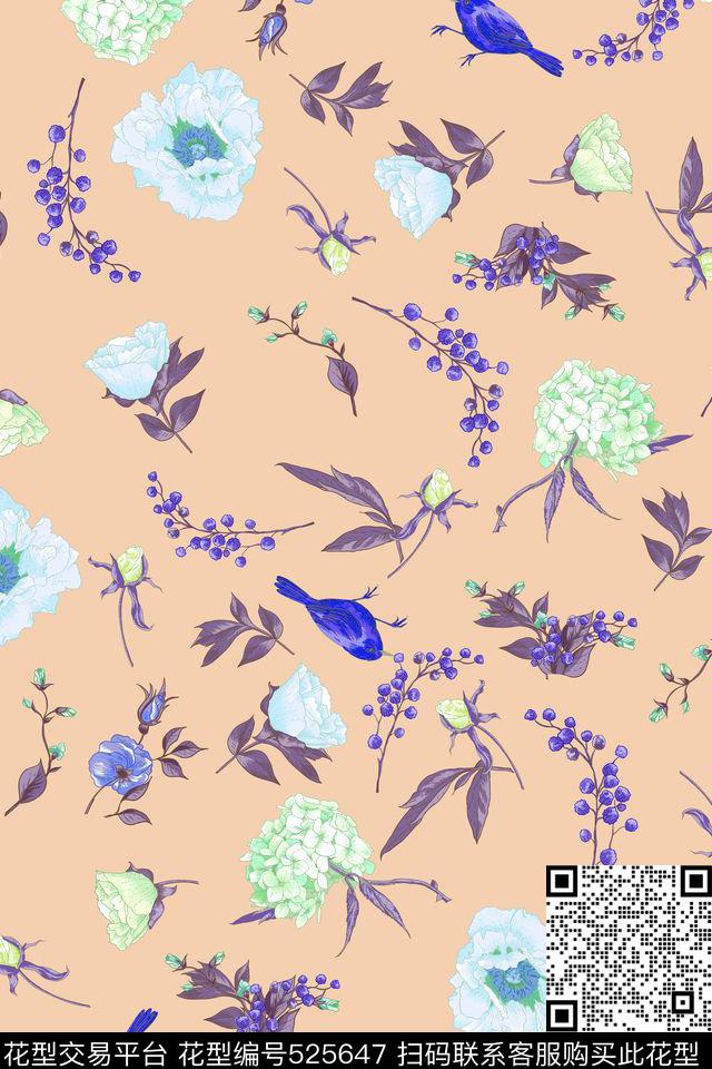 优雅花鸟麻雀数码印花华亿平台下载（图片编号: 525647） - 瓦栏（Walan）