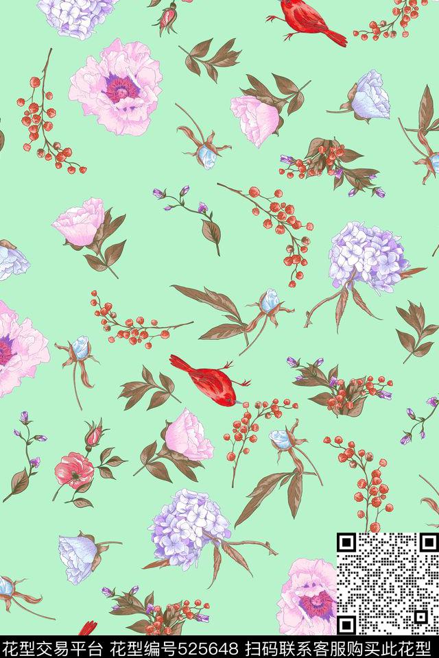 优雅花鸟麻雀数码印花华亿平台下载（图片编号: 525648） - 瓦栏（Walan）