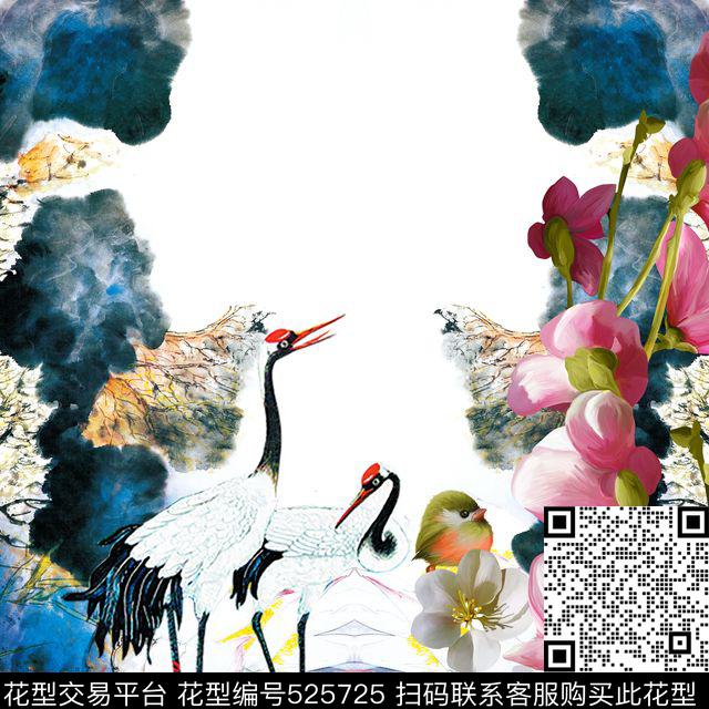 MAX-中国风流行时尚手绘国画仙鹤花卉数码印花华亿平台下载（图片编号: 525725） - 瓦栏（Walan）