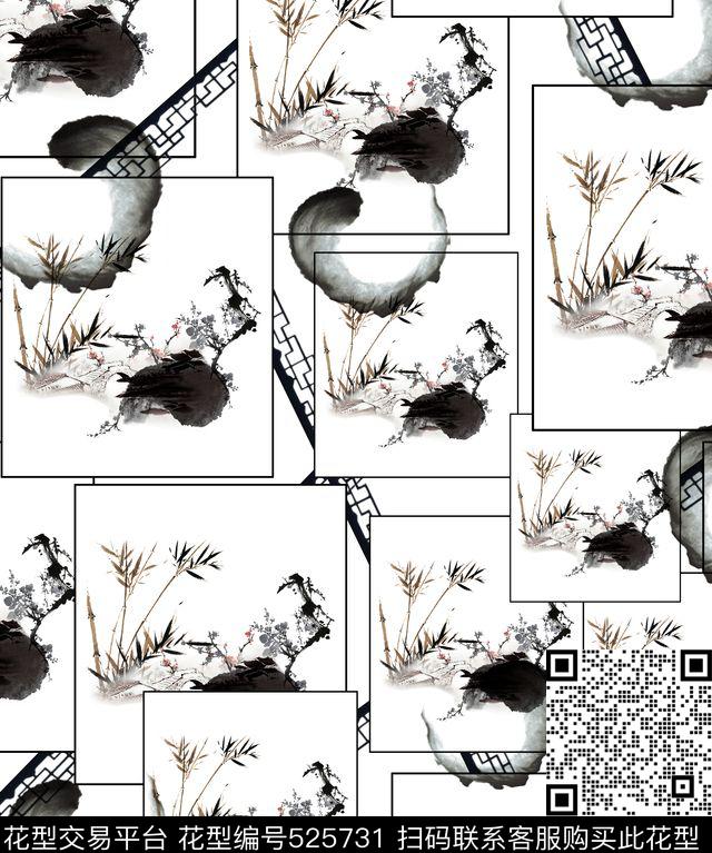 江南水乡拼接水墨画传统印花华亿平台下载（图片编号: 525731） - 瓦栏（Walan）