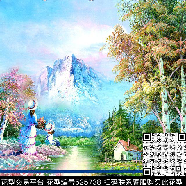 MAX-定位欧美民族风流行时尚手绘仰望天山风景油画横条数码印花华亿平台下载（图片编号: 525738） - 瓦栏（Walan）