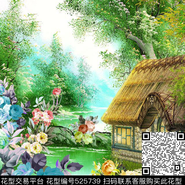 MAX-定位欧美民族风流行时尚手绘花丛林中小屋风景油画数码印花华亿平台下载（图片编号: 525739） - 瓦栏（Walan）