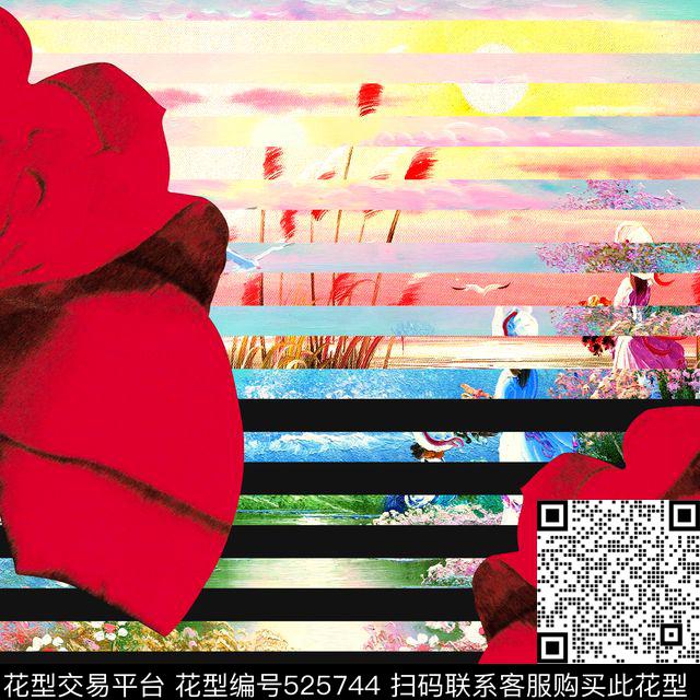 MAX-定位欧美民族风流行时尚手绘油画风景大红花卉横条数码印花华亿平台下载（图片编号: 525744） - 瓦栏（Walan）