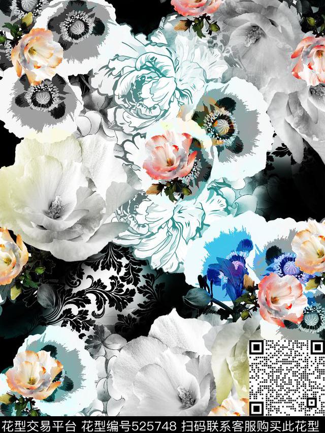 抽象花大气女装动感线条数码印花华亿平台下载（图片编号: 525748） - 瓦栏（Walan）