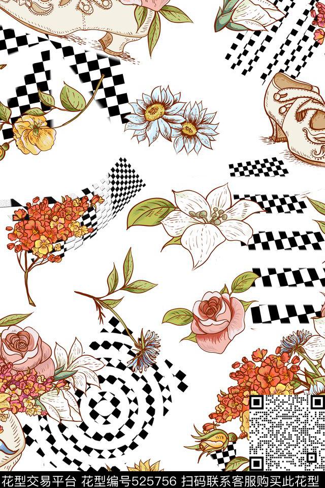鞋子花卉黑白格最新时尚个性潮流花卉鞋子服装家纺流行时尚传统印花华亿平台下载（图片编号: 525756） - 瓦栏（Walan）