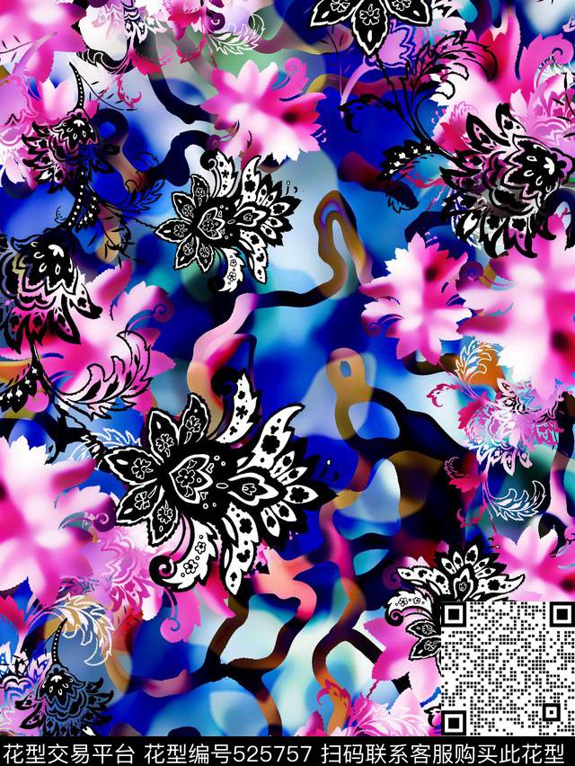 时尚大气女装抽象佩兹利动感炫彩数码印花华亿平台下载（图片编号: 525757） - 瓦栏（Walan）