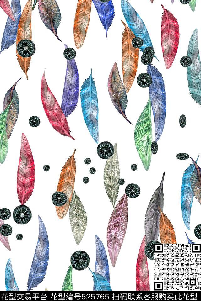 水彩羽毛欧式纽扣休闲风数码印花华亿平台下载（图片编号: 525765） - 瓦栏（Walan）