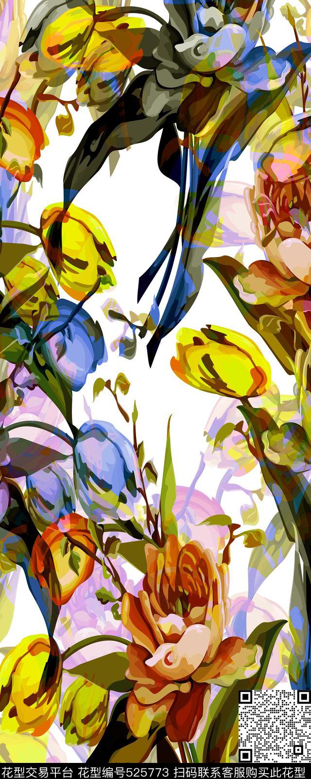 大花女装时尚潮流连衣裙层叠花卉数码印花华亿平台下载（图片编号: 525773） - 瓦栏（Walan）