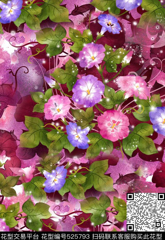 花卉牵牛花喇叭花数码印花华亿平台下载（图片编号: 525793） - 瓦栏（Walan）
