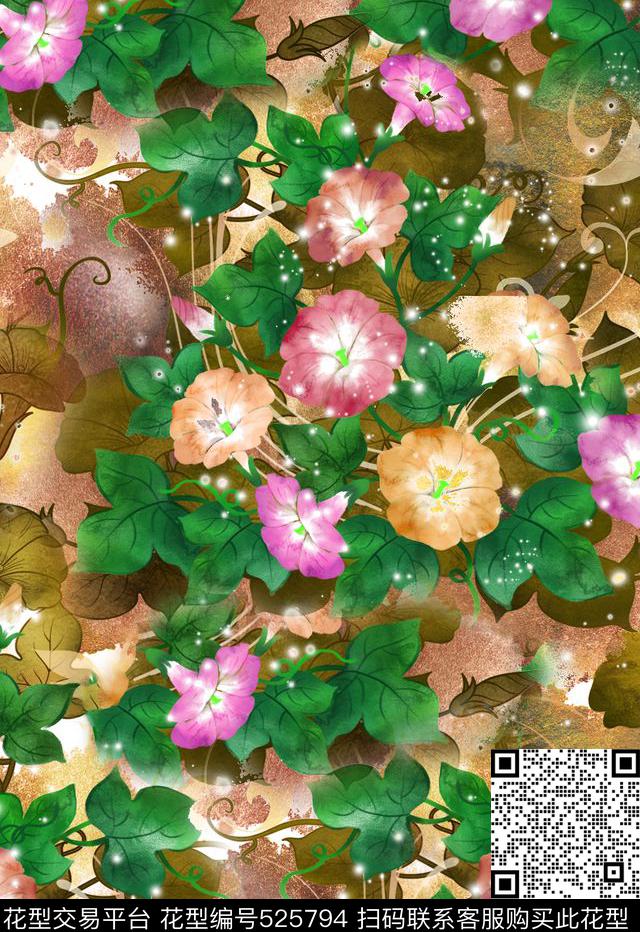 花卉牵牛花喇叭花数码印花华亿平台下载（图片编号: 525794） - 瓦栏（Walan）