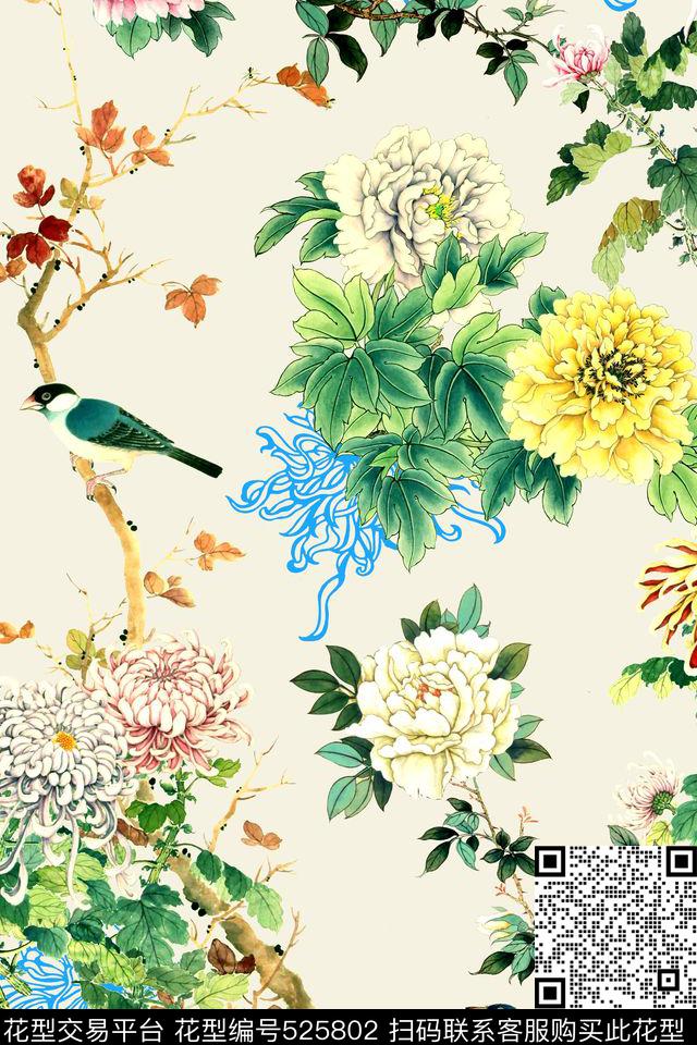 中国风国画牡丹数码印花华亿平台下载（图片编号: 525802） - 瓦栏（Walan）