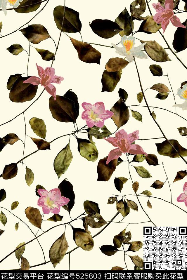 树叶枯叶花朵数码印花华亿平台下载（图片编号: 525803） - 瓦栏（Walan）