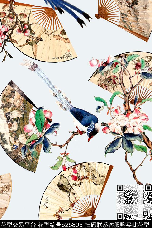 中国风国画扇子数码印花华亿平台下载（图片编号: 525805） - 瓦栏（Walan）