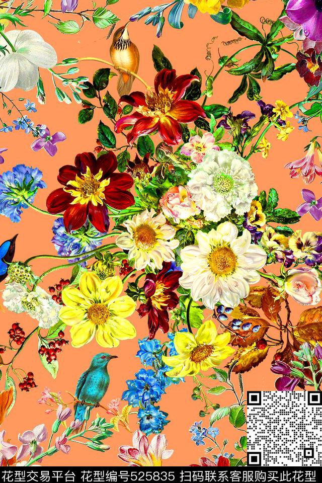 时尚小鸟油画花卉数码印花华亿平台下载（图片编号: 525835） - 瓦栏（Walan）