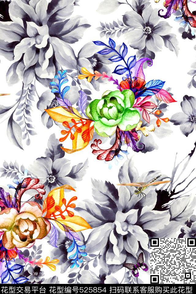 时尚手绘水彩数码印花华亿平台下载（图片编号: 525854） - 瓦栏（Walan）