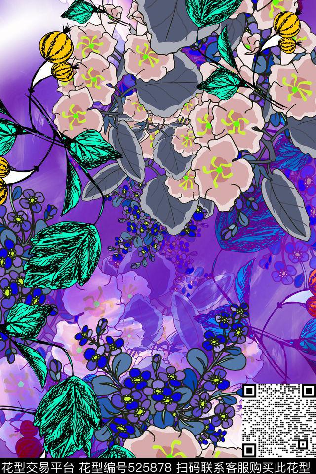亮彩花卉女装连衣裙半身裙数码印花华亿平台下载（图片编号: 525878） - 瓦栏（Walan）