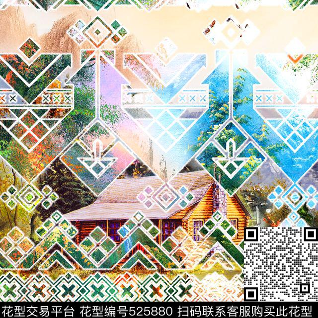 MAX-定位欧美民族风流行时尚手绘天然风景油画几何数码印花华亿平台下载（图片编号: 525880） - 瓦栏（Walan）