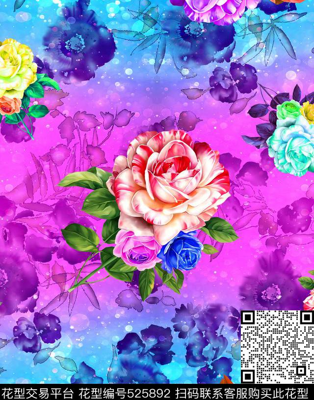 炫彩水泡渐变水墨花贲数码印花华亿平台下载（图片编号: 525892） - 瓦栏（Walan）