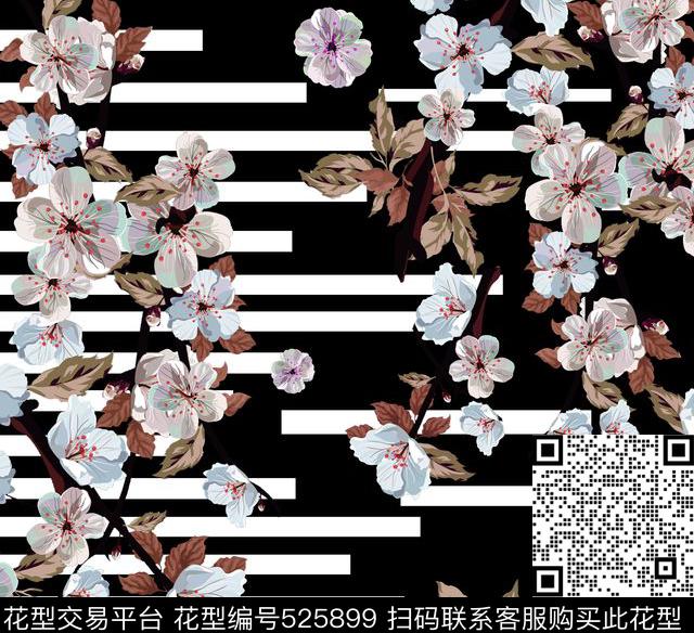 黑白条纹花卉大牌数码印花华亿平台下载（图片编号: 525899） - 瓦栏（Walan）
